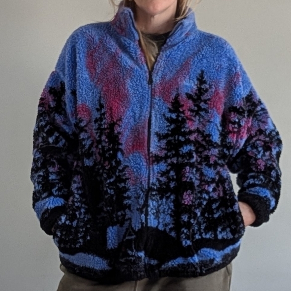 Caribou Crossings Alaska Fleece Jacket, Northern Lights Forest Scene, Size M - Picture 3 of 14